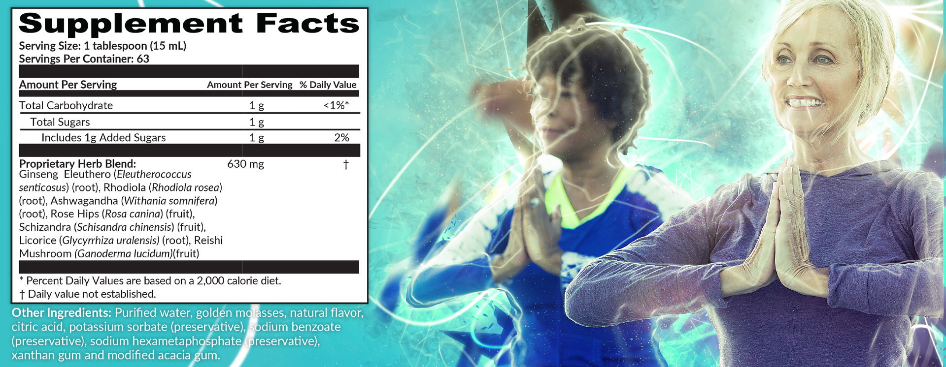 Supplement Facts panel for Saba Prime One with a list of herbal ingredients, alongside two women practicing yoga against a glowing blue background.